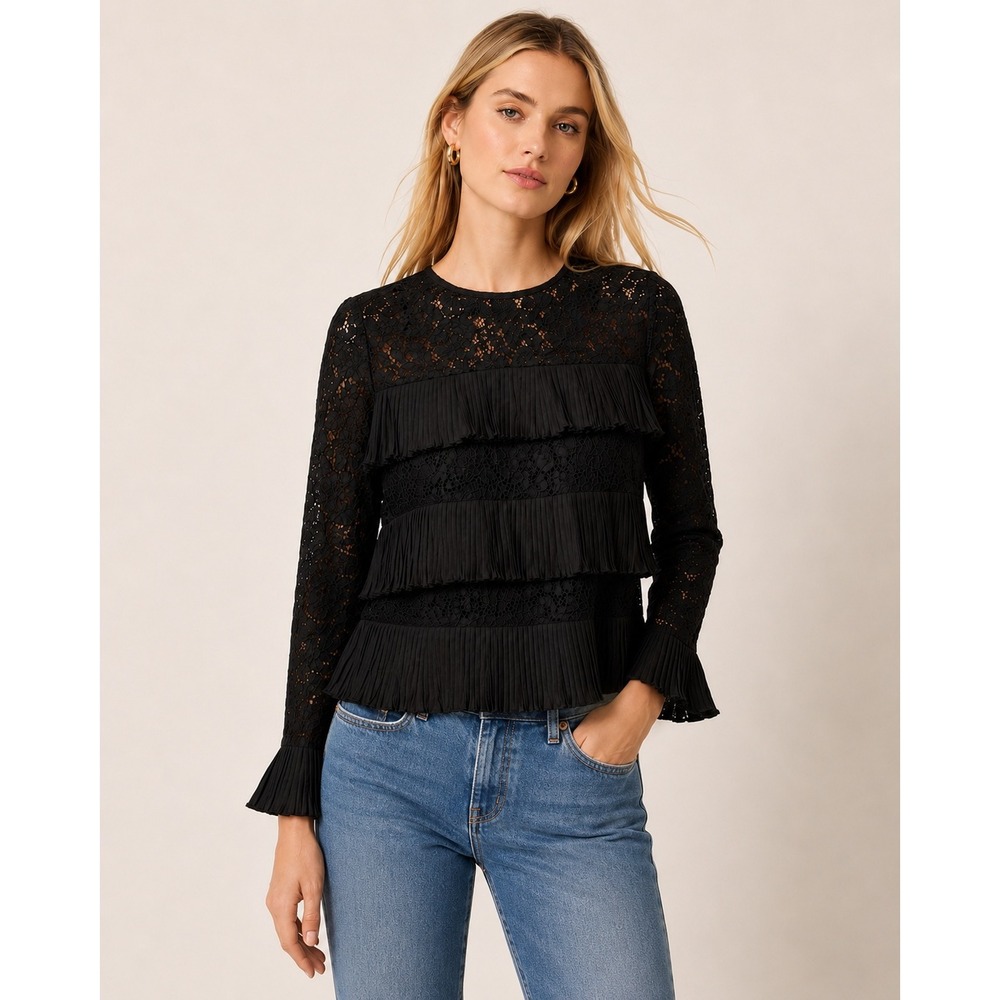 J.Crew $128 Black Floral Lace Tiered Pleated Ruffle Top Long Sleeve Size 0